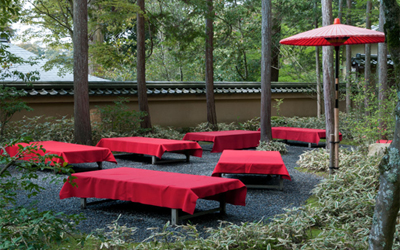 Outdoor tea ceremony in Golden pavilion
