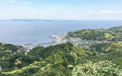 Panoramic view of Tokyo Bay and Boso Peninsula from the top of Mt. Nokogiri