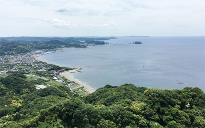 Panoramic view of Tokyo Bay and Boso Peninsula from the top of Mt. Nokogiri